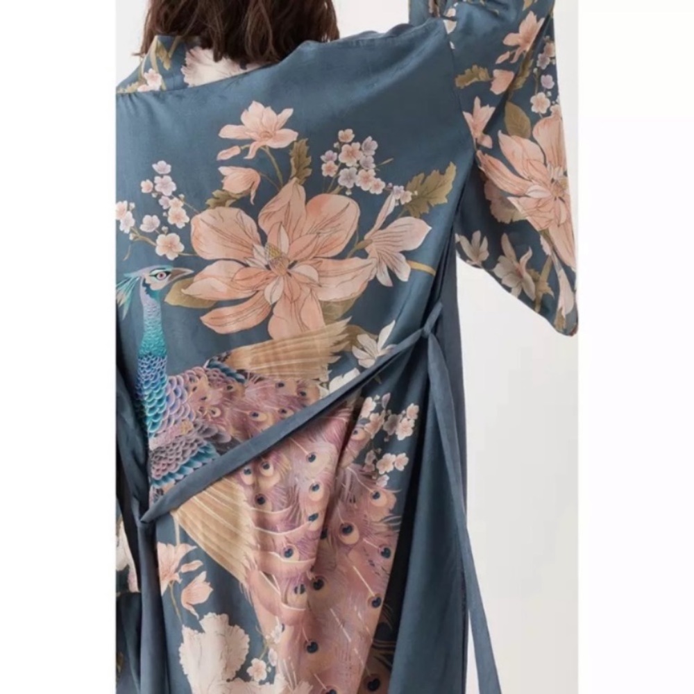 SOLD OUT Blue Floral Bohemian Peacock Kimono Duster Robe - Picture 9 of 10
